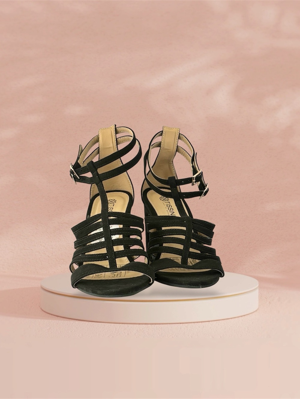 Women's Black Strappy Ankle-Buckle Heels